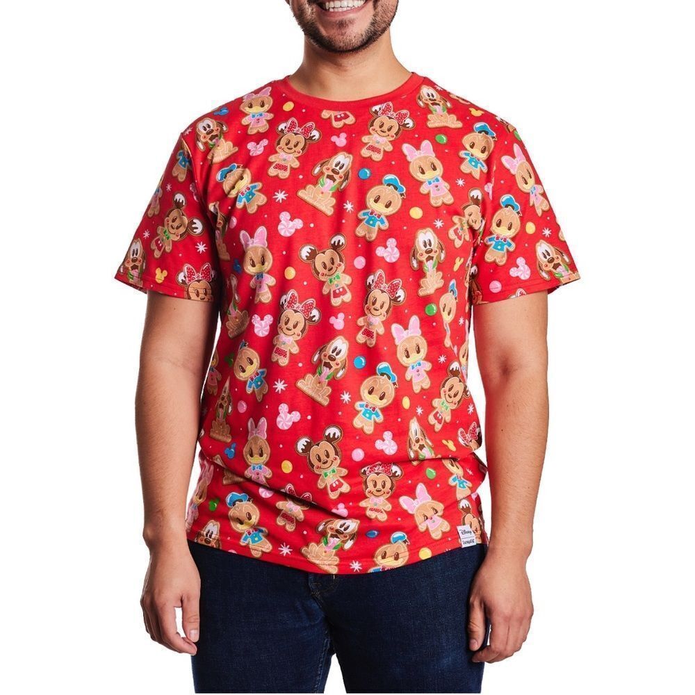 Disney Loungefly Gingerbread Cookie All-Over Print Unisex Tee Red XL NWT IN PKG